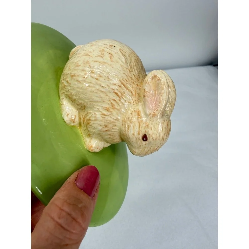Hallmark Candy Dish Bunny Rabbit Topper Green Basketweave Spring Decor Easter